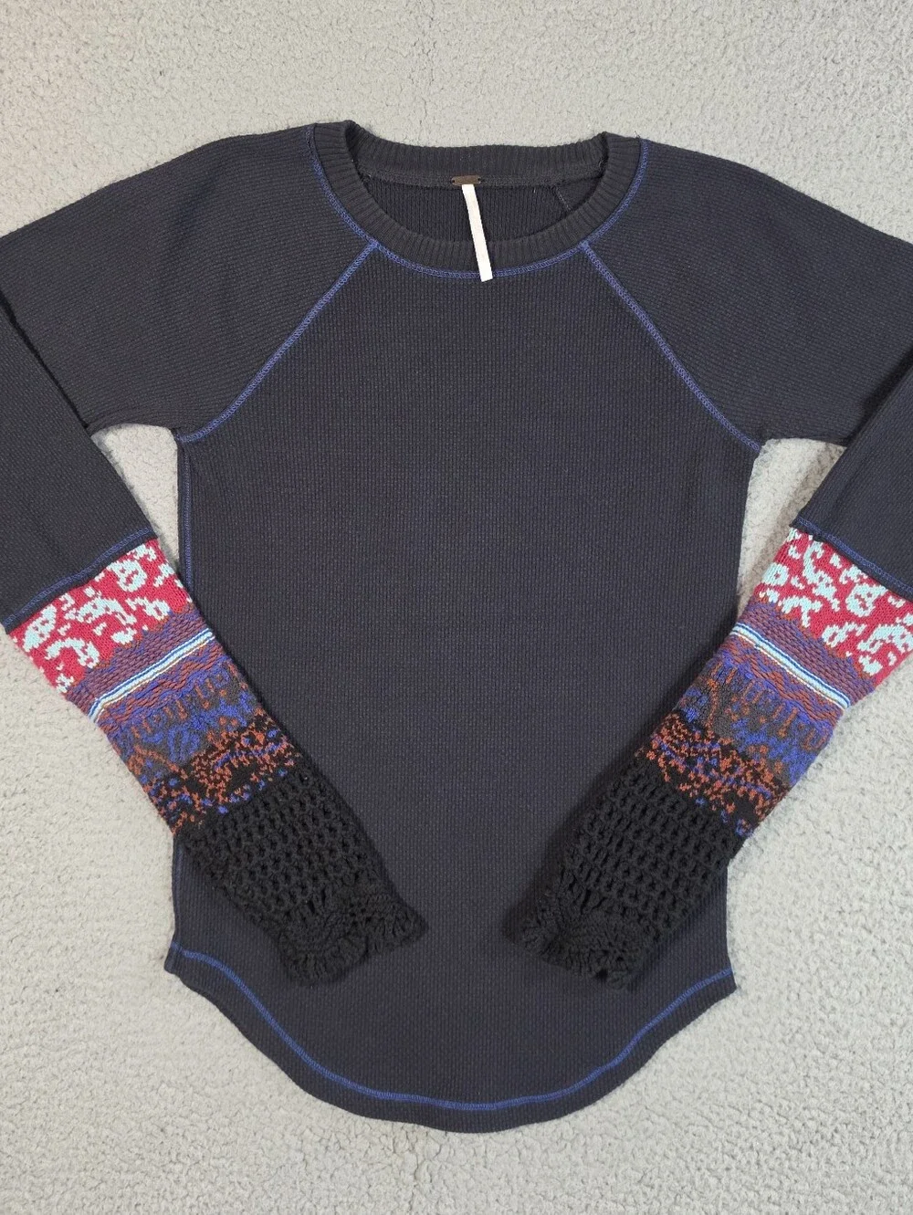 Free People In The Mix Cuff Crochet Thermal Waffle Knit Top Small Navy Blue Boho